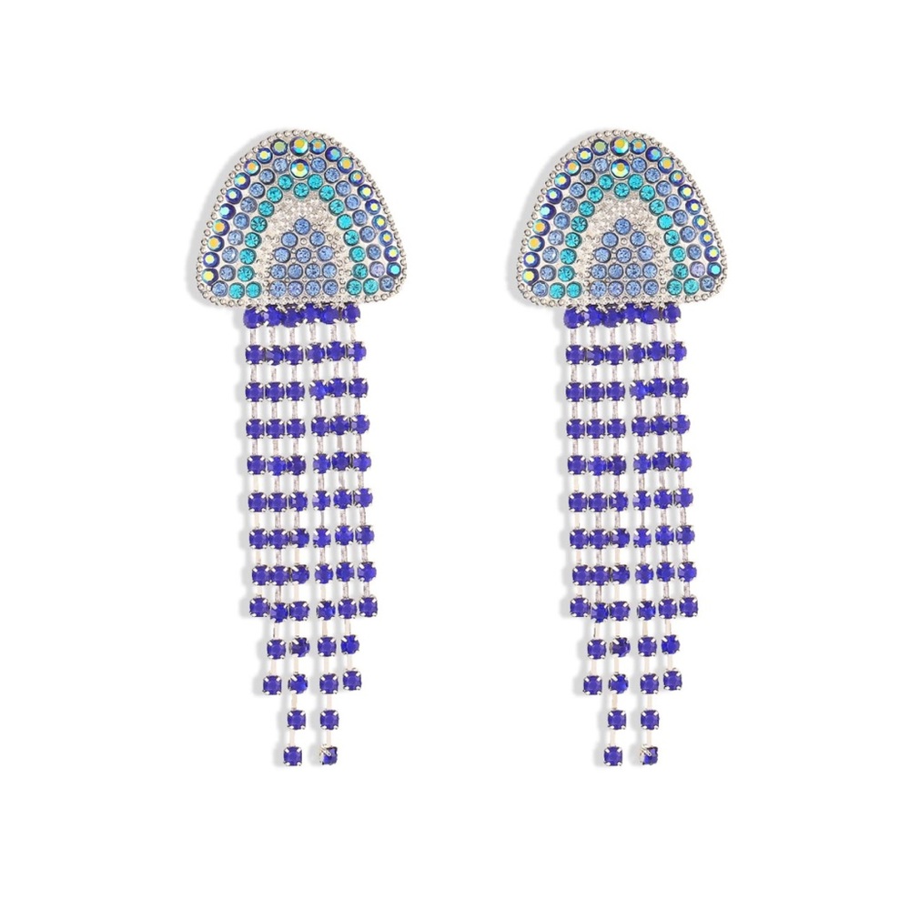NEW! Statement Earrings Long Tassel Unique Rhinestone Drop Crystal Dangling Blue
